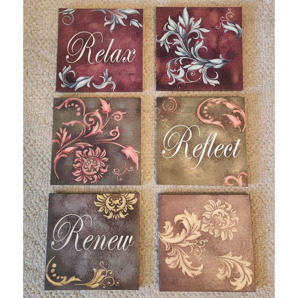 Relax Reflect Renew Canvas Art Wall Hangings Decor 8" x 8" Set of 6
